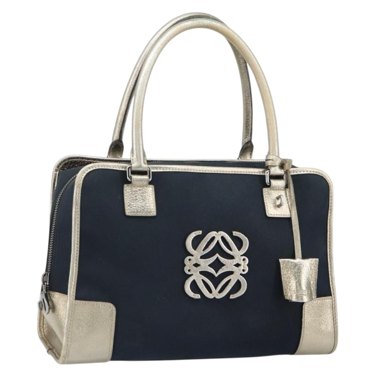 LOEWE Anagram Amazona 36 Hand Bag Canvas Leather Navy Silver Auth 168653