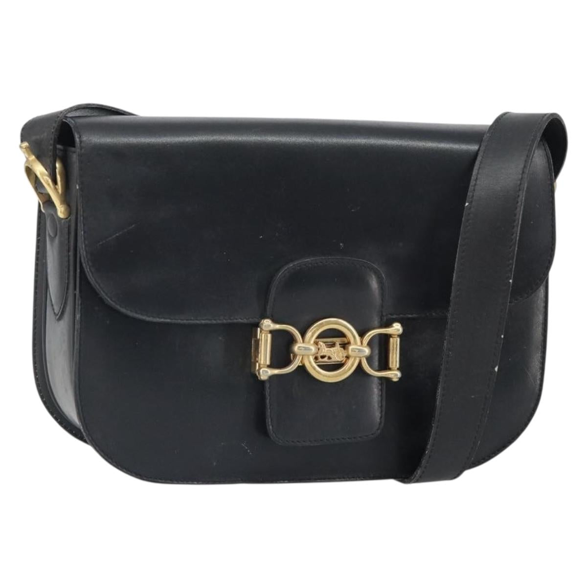 CELINE Shoulder Bag Leather Black Gold Auth 168658