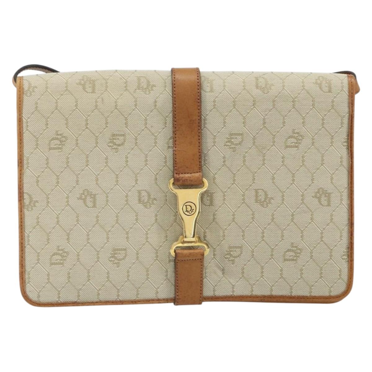 Christian Dior Honeycomb Canvas Shoulder Bag PVC Beige Gold Auth 168691