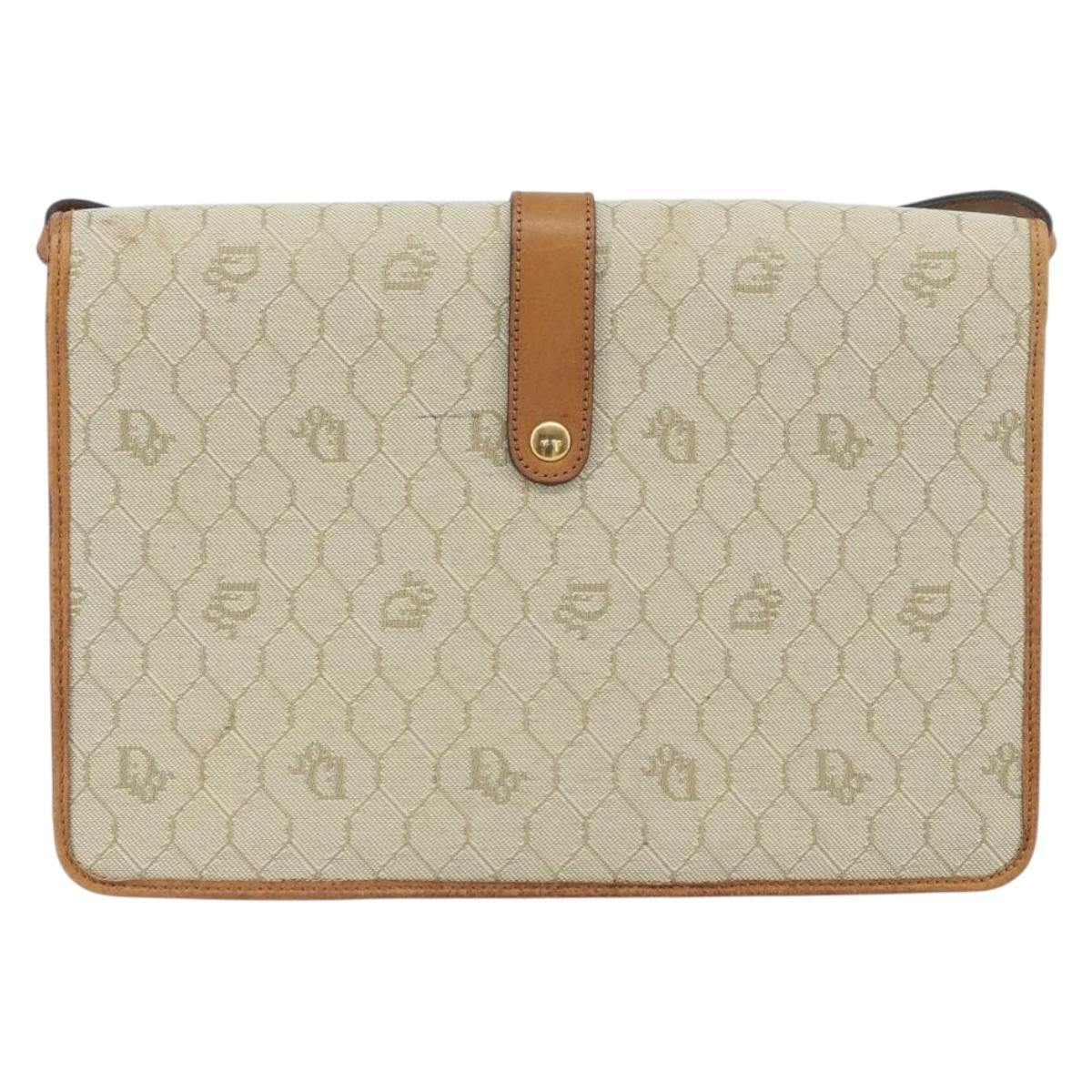 Christian Dior Honeycomb Canvas Shoulder Bag PVC Beige Gold Auth 168691