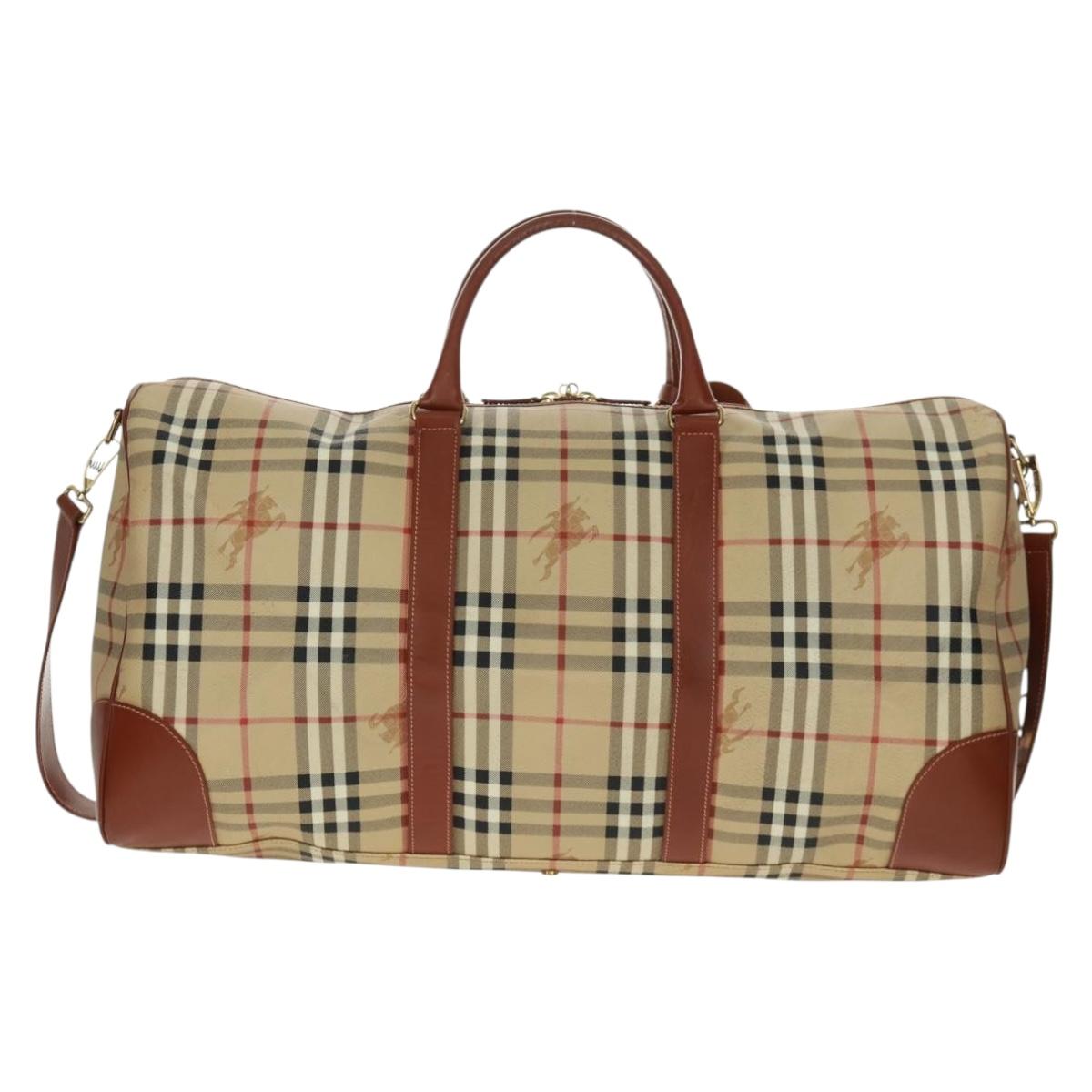 BURBERRY Nova Check Boston Bag PVC Leather 2way Beige Gold Auth 168710V
