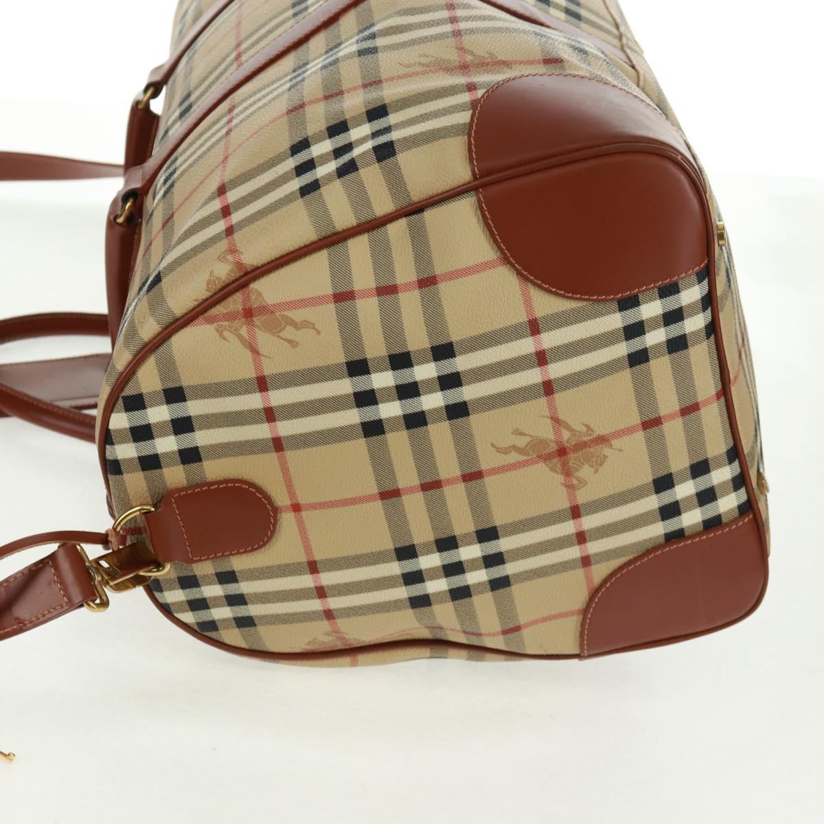 BURBERRY Nova Check Boston Bag PVC Leather 2way Beige Gold Auth 168710V