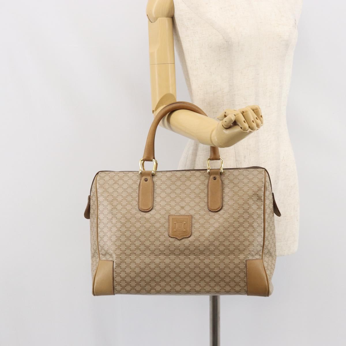 CELINE Macadam Canvas Boston Bag PVC Leather Beige Gold Auth 168715