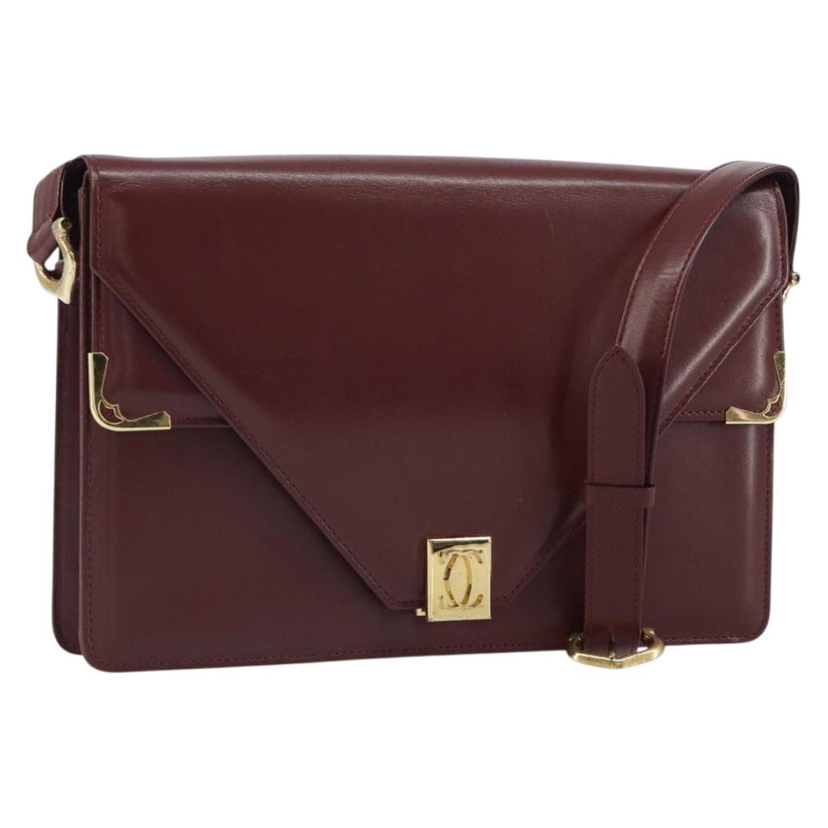 CARTIER Must Line Shoulder Bag Leather Bordeaux Gold Auth 168717
