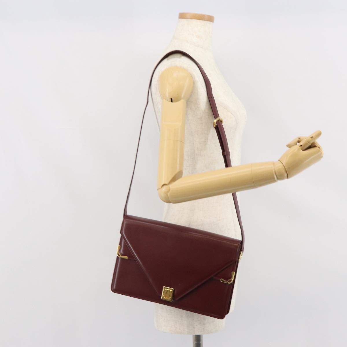 CARTIER Must Line Shoulder Bag Leather Bordeaux Gold Auth 168717