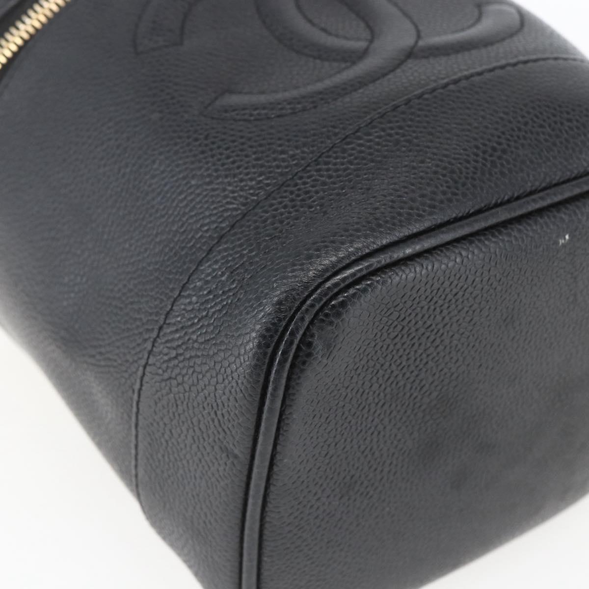 CHANEL Vanity Hand Bag Caviar Skin Black Gold CC Auth 168743