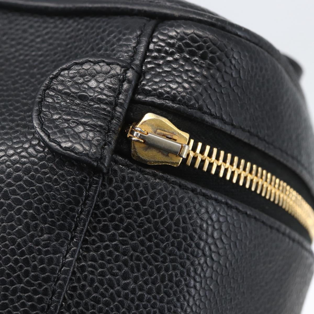 CHANEL Vanity Hand Bag Caviar Skin Black Gold CC Auth 168743