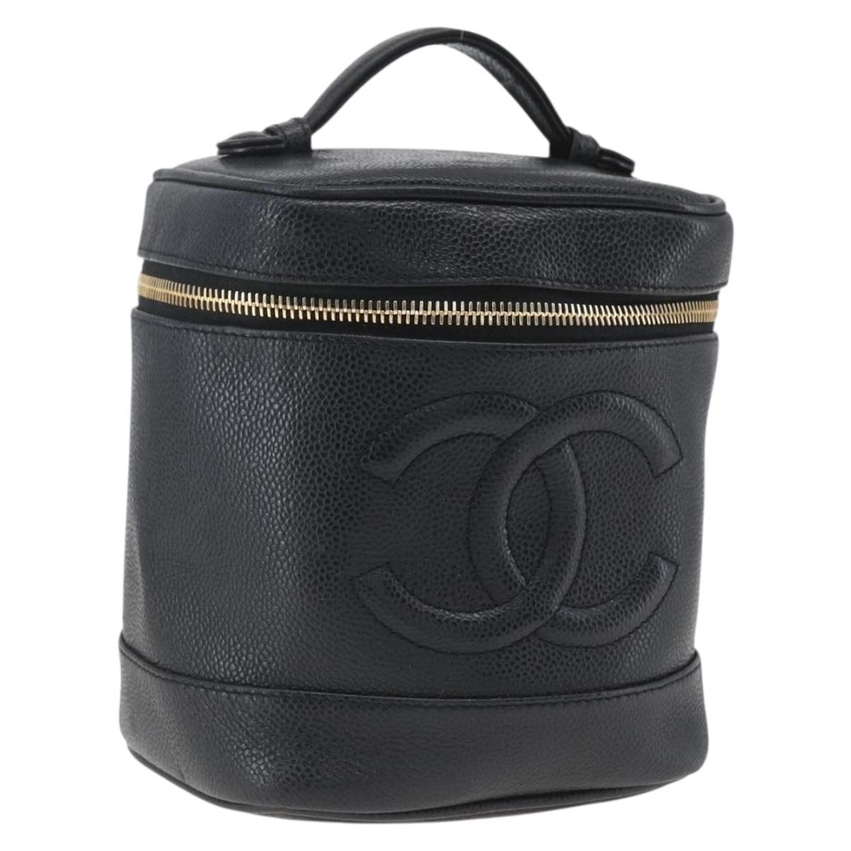 CHANEL Vanity Hand Bag Caviar Skin Black Gold CC Auth 168743