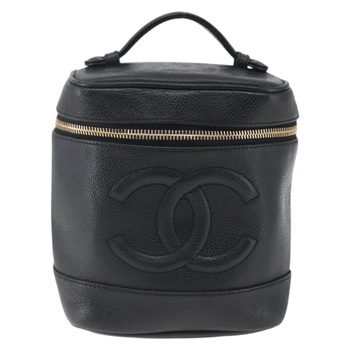 CHANEL Vanity Hand Bag Caviar Skin Black Gold CC Auth 168743