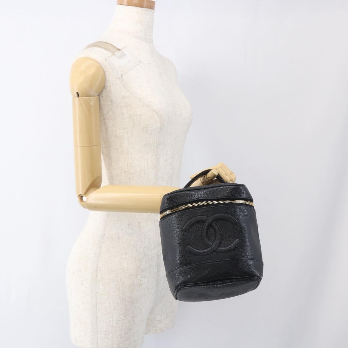 CHANEL Vanity Hand Bag Caviar Skin Black Gold CC Auth 168743