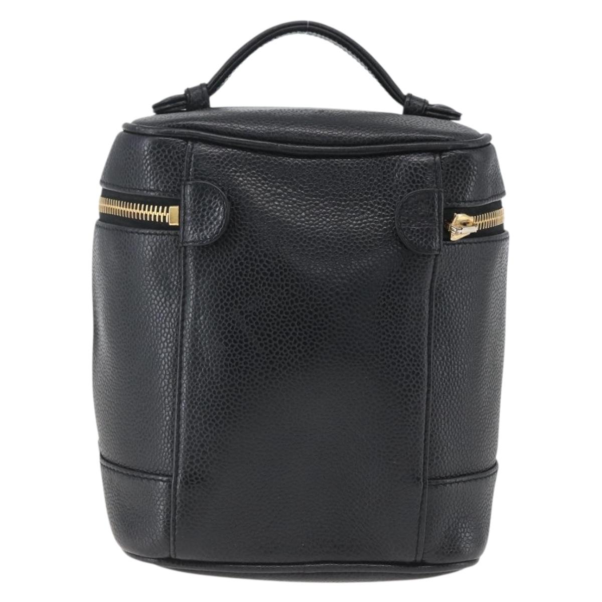 CHANEL Vanity Hand Bag Caviar Skin Black Gold CC Auth 168743