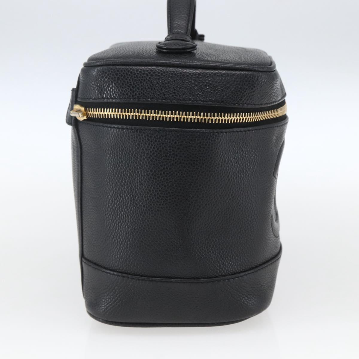 CHANEL Vanity Hand Bag Caviar Skin Black Gold CC Auth 168743