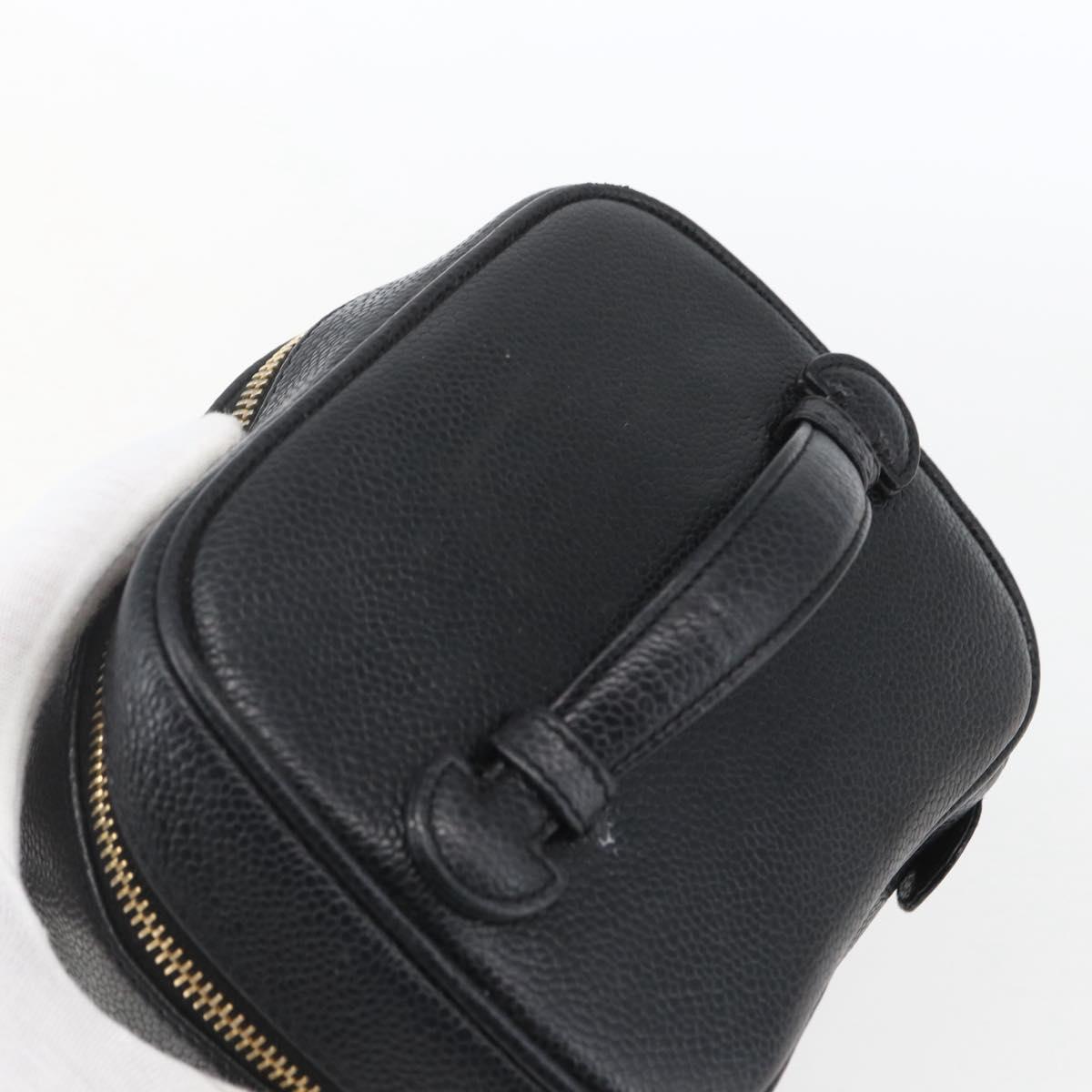 CHANEL Vanity Hand Bag Caviar Skin Black Gold CC Auth 168743