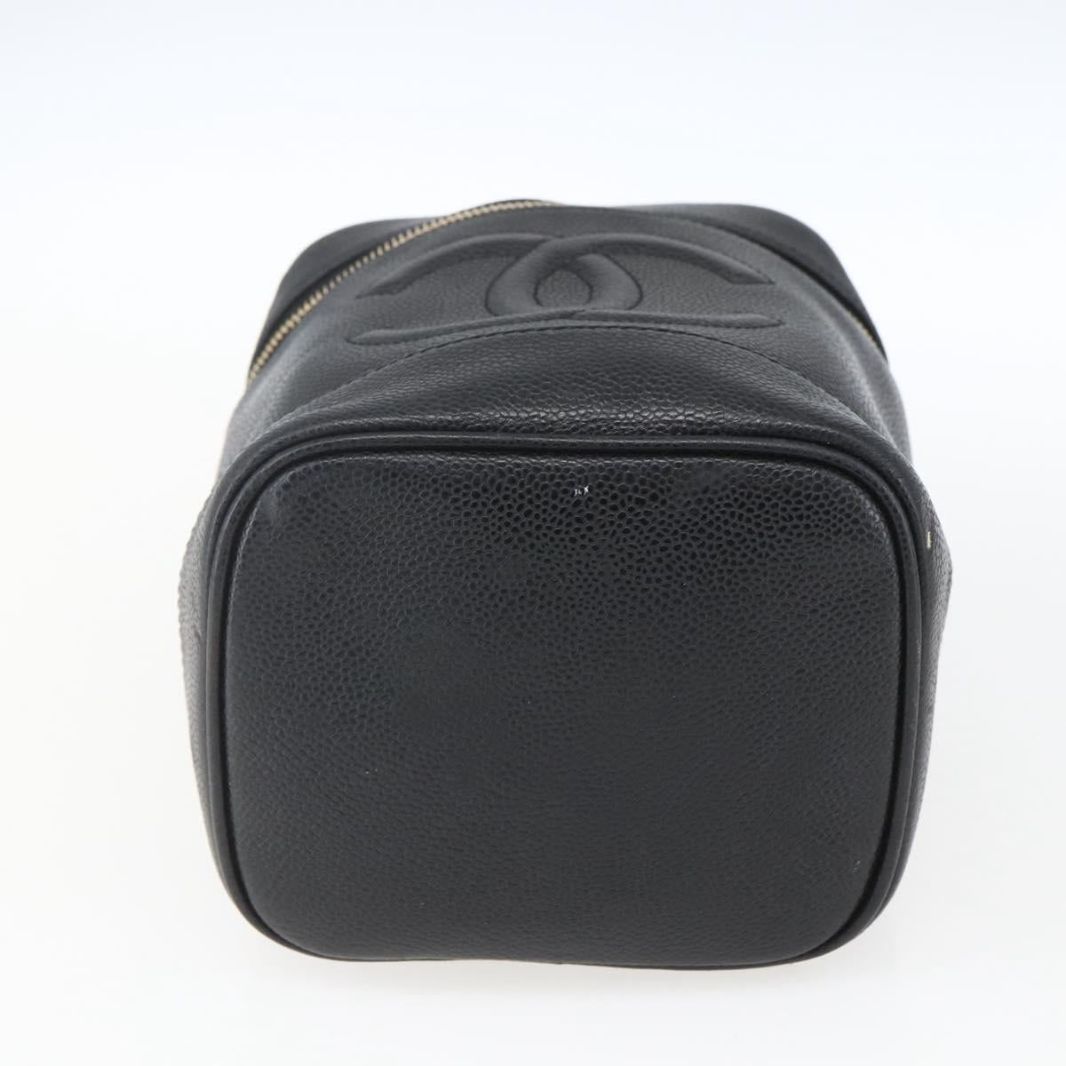 CHANEL Vanity Hand Bag Caviar Skin Black Gold CC Auth 168743