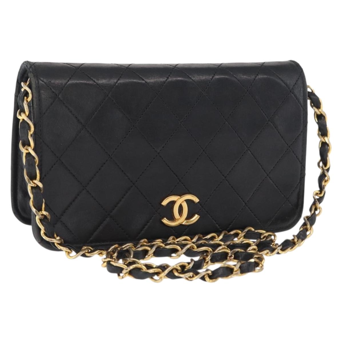 CHANEL Matelasse Chain Shoulder Bag Lamb Skin Black Gold CC Auth 168744