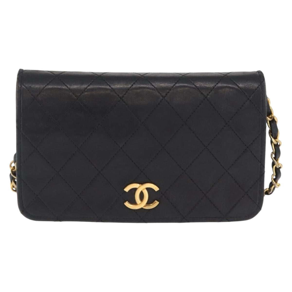 CHANEL Matelasse Chain Shoulder Bag Lamb Skin Black Gold CC Auth 168744