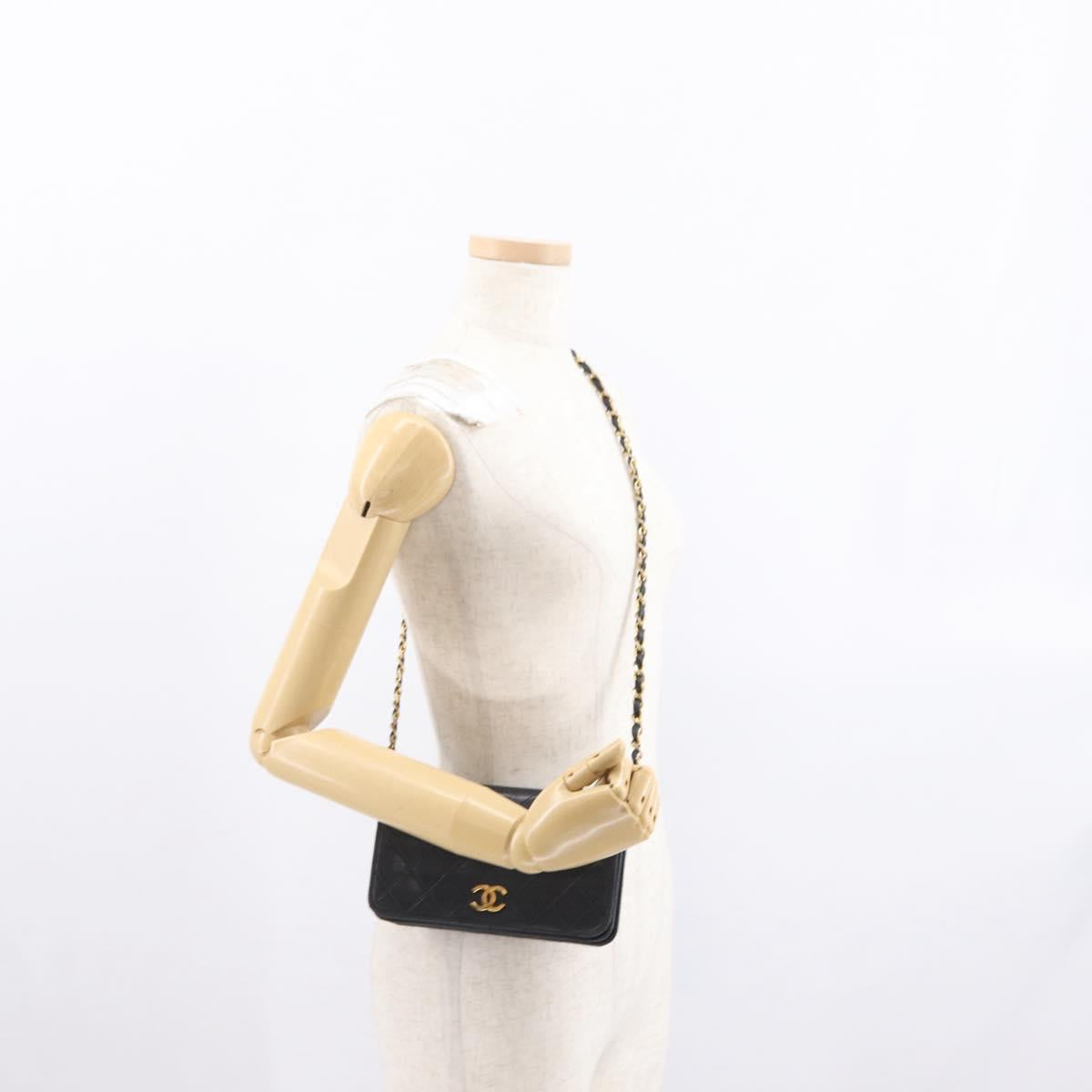 CHANEL Matelasse Chain Shoulder Bag Lamb Skin Black Gold CC Auth 168744