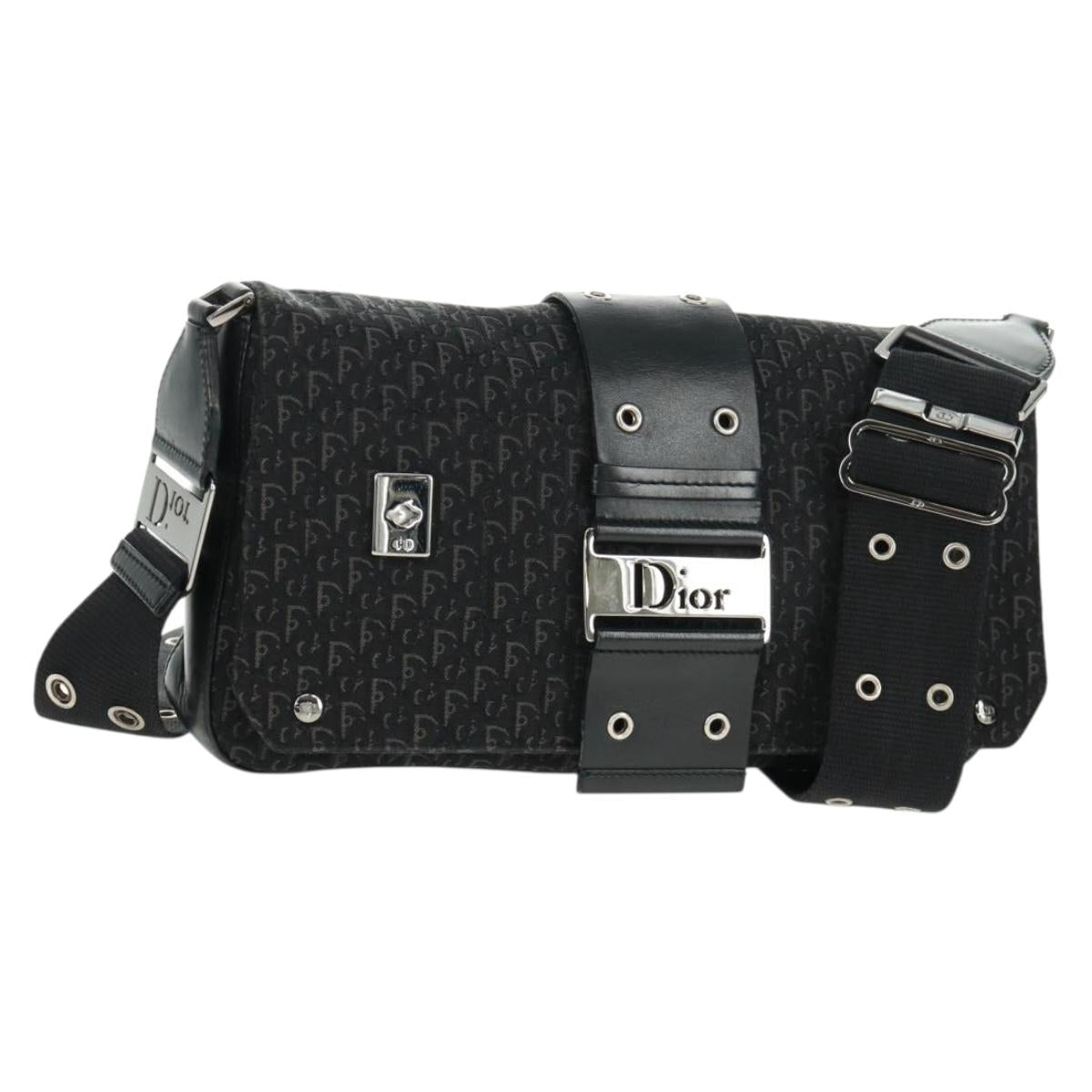 Christian Dior Trotter Canvas Street Chic Shoulder Bag Black Silver Auth 168745V