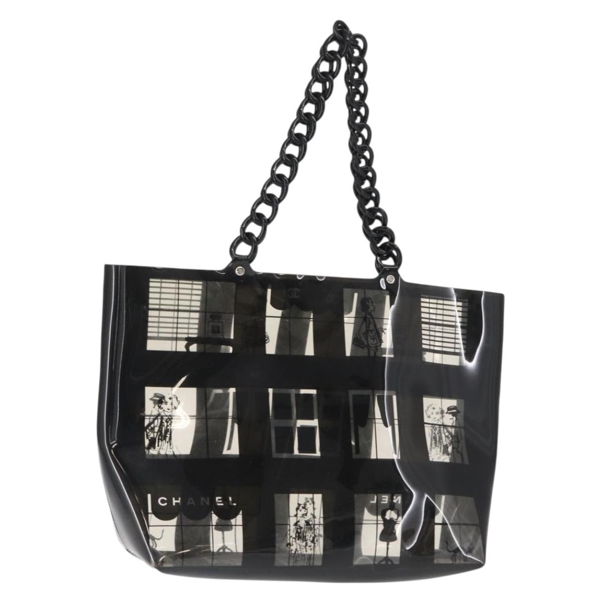 CHANEL Window Line Chain Tote Bag Vinyl Black CC Auth 168757