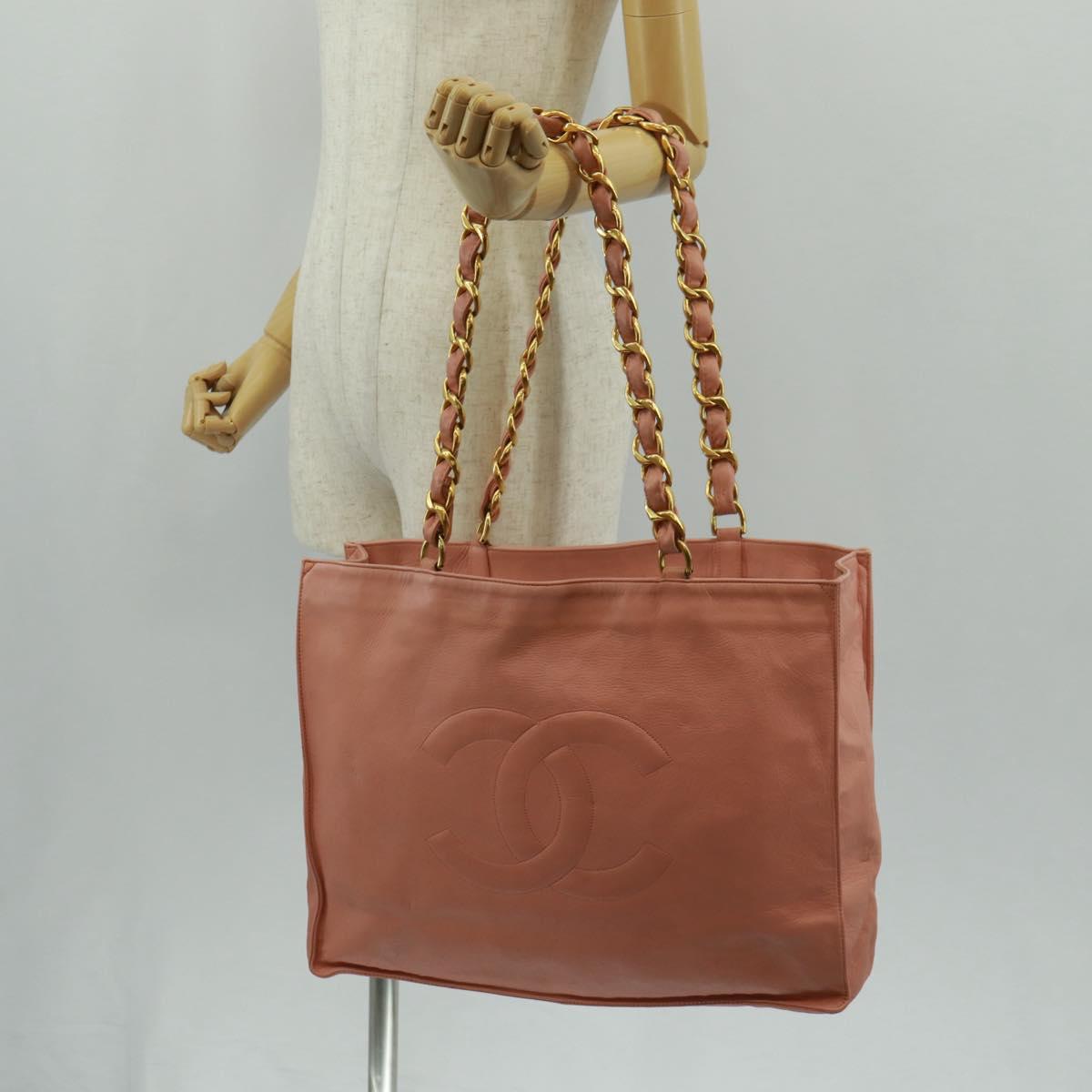 CHANEL Chain Tote Bag Lamb Skin Pink Gold CC Auth 168760