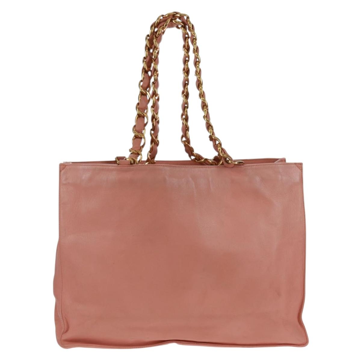CHANEL Chain Tote Bag Lamb Skin Pink Gold CC Auth 168760