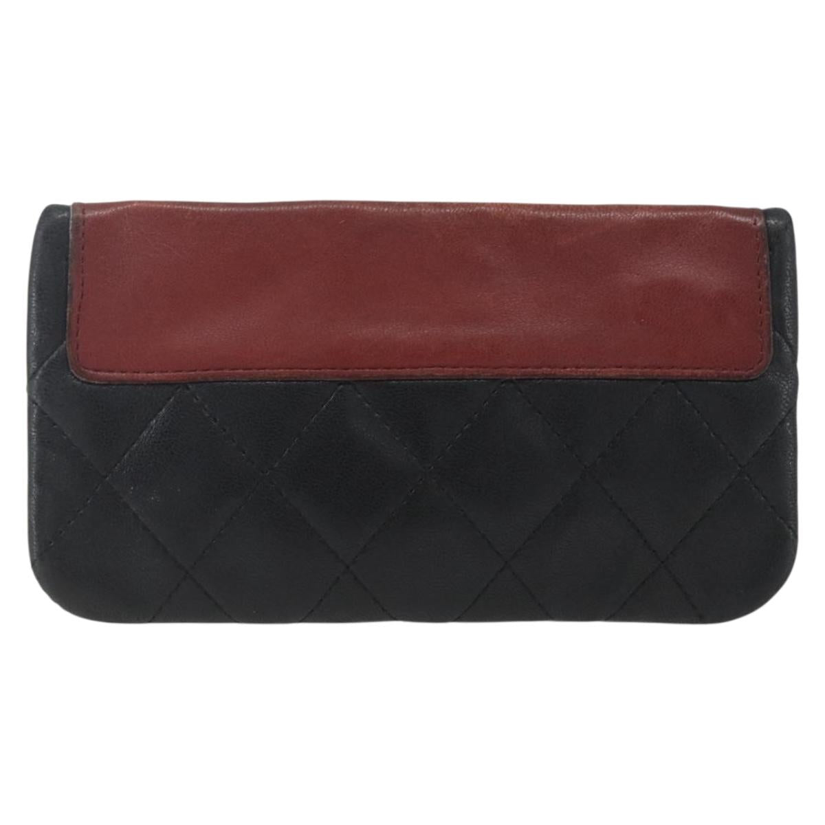CHANEL Matelasse Coin Purse Lamb Skin Black Silver CC Auth 168761