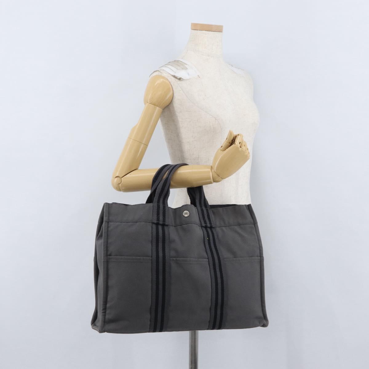 HERMES Fourre Tout MM Hand Bag Canvas Gray Silver Auth 168815