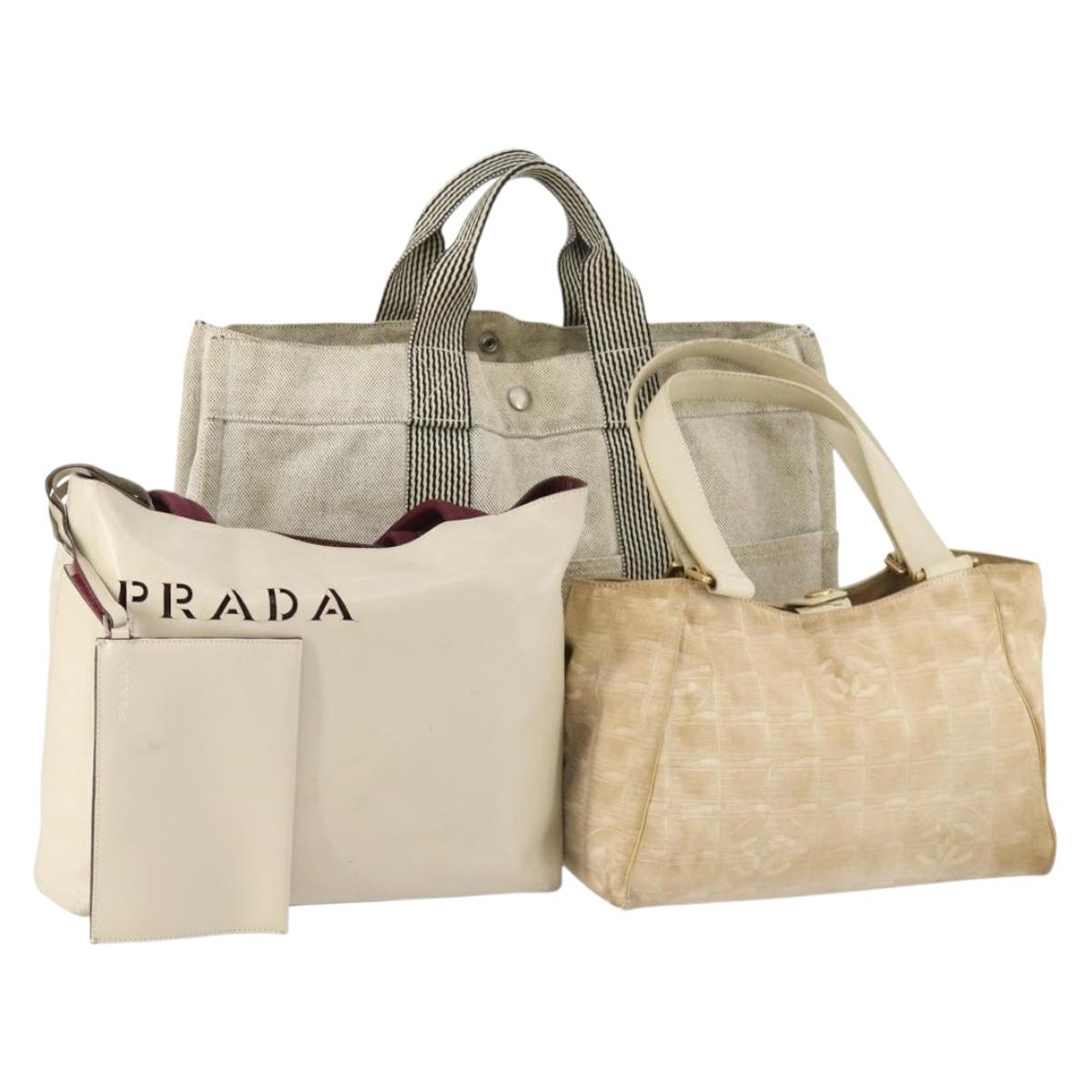 HERMES PRADA Chanel Hand Bag Leather Canvas Nylon 3 Set Beige Auth 168823