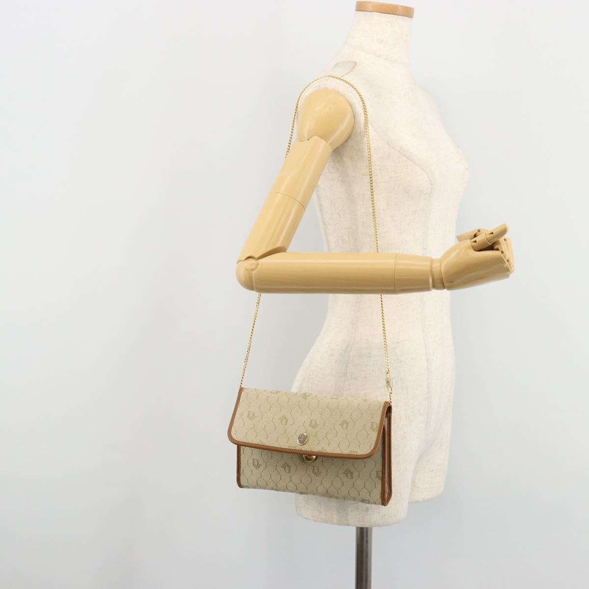Christian Dior Honeycomb Canvas Shoulder Bag Beige Gold Auth 168850