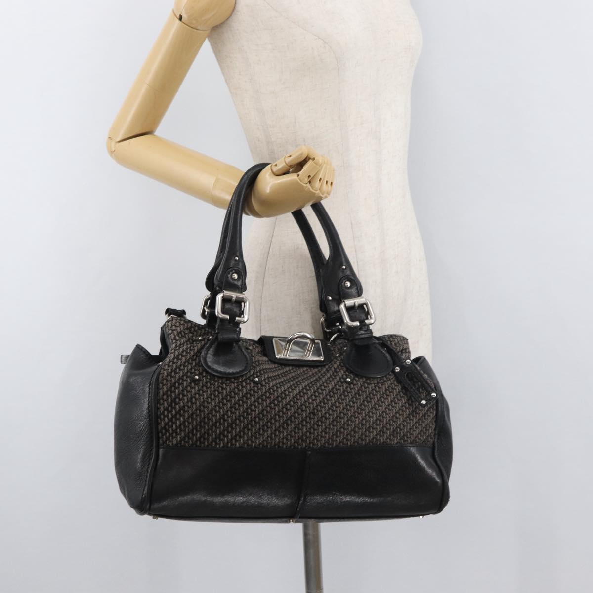Chloe Paddington Hand Bag Canvas Black Brown Silver Auth 168864A