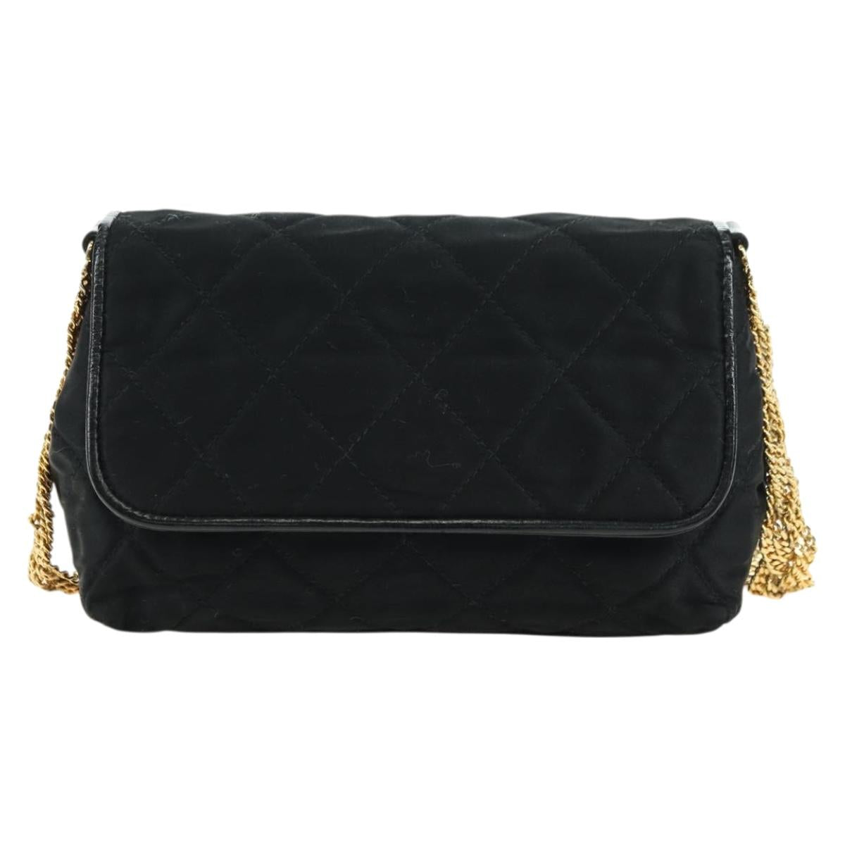 CHANEL Matelasse Chain Shoulder Bag Satin Black Gold CC Auth 168914V