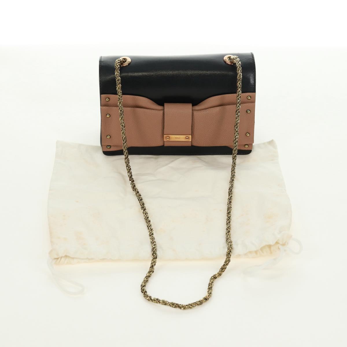 Chloe Chain June Shoulder Bag Leather Black Gold Auth 168935V