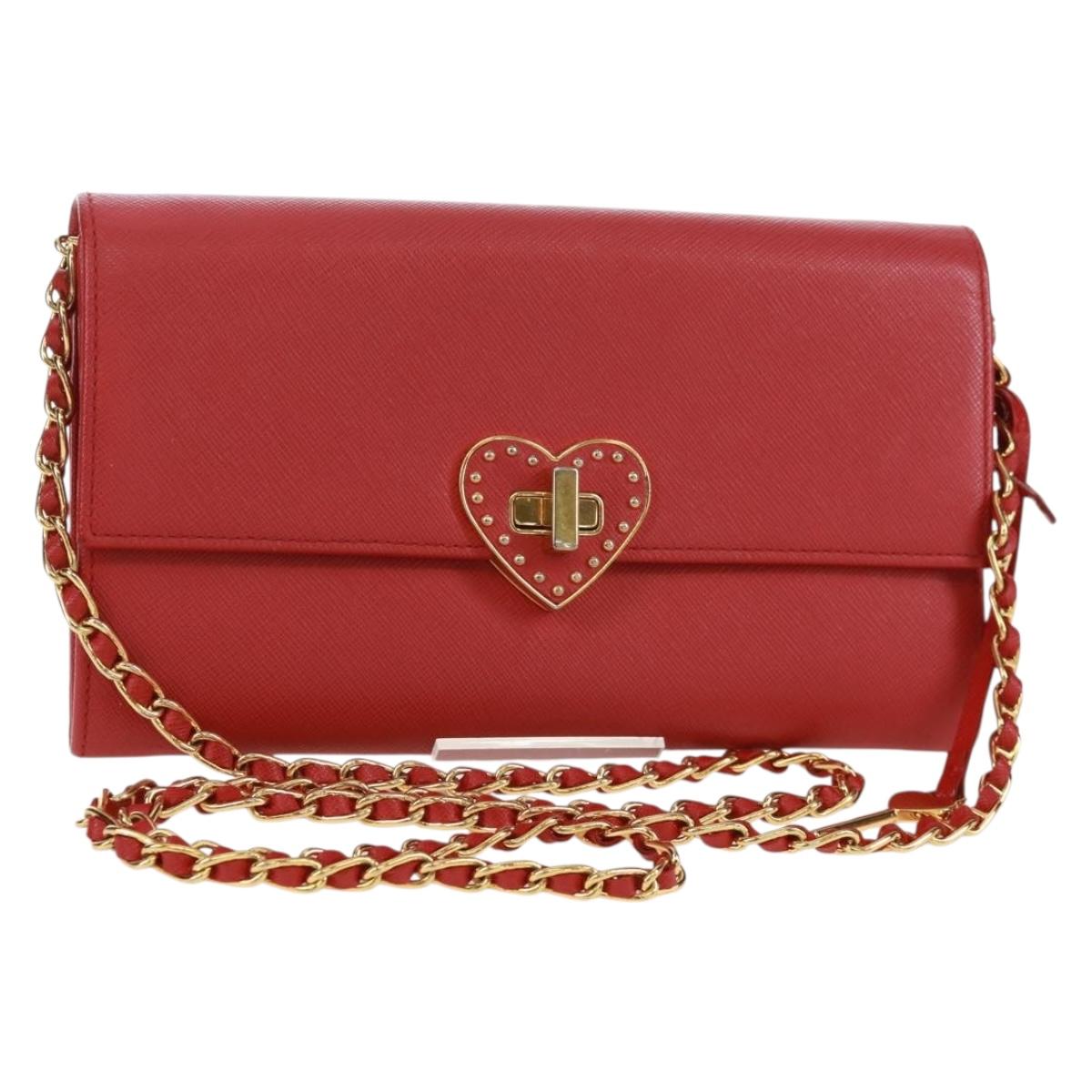 PRADA Chain Shoulder wallet Shoulder Bag Safiano leather Red Gold Auth 168938V