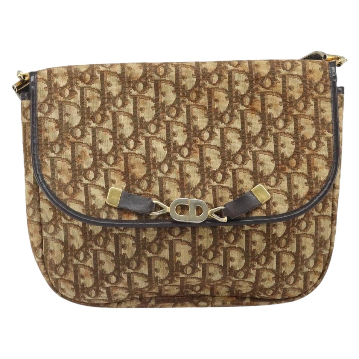 Christian Dior Trotter Canvas Shoulder Bag Brown Gold Auth 168939