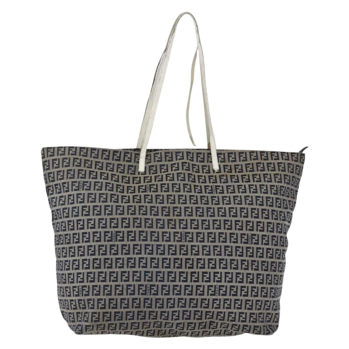 FENDI Zucchino Canvas Tote Bag Navy Silver Auth 168974