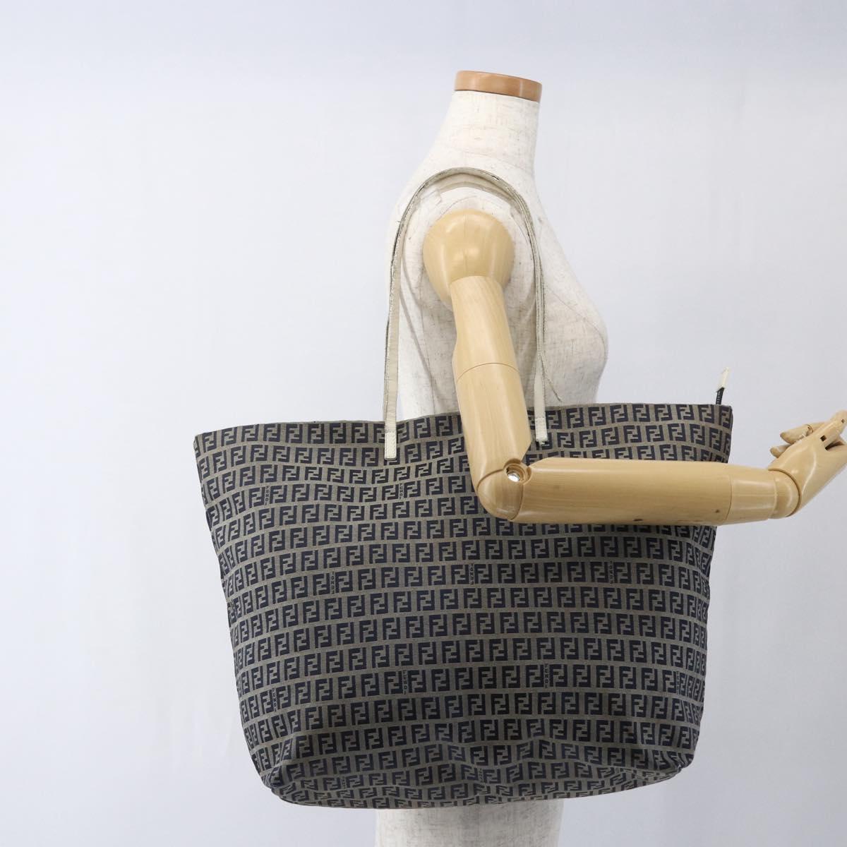 FENDI Zucchino Canvas Tote Bag Navy Silver Auth 168974