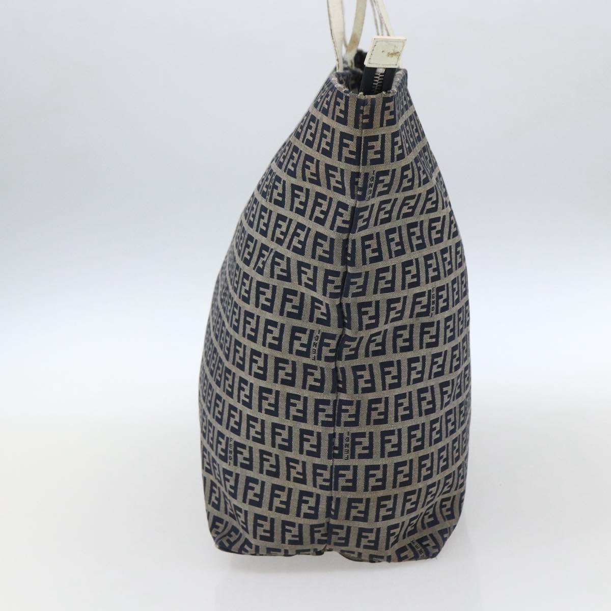 FENDI Zucchino Canvas Tote Bag Navy Silver Auth 168974