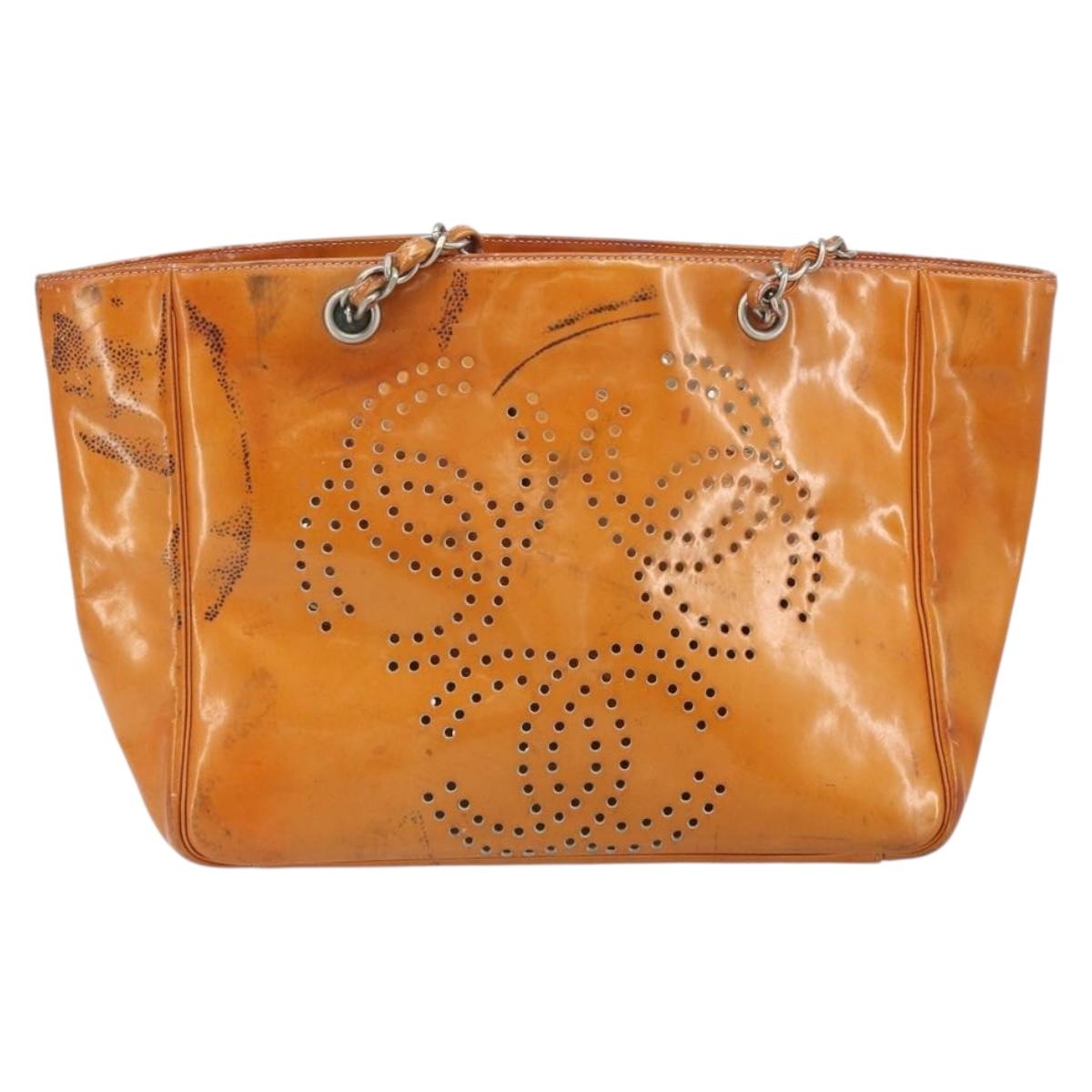 CHANEL Chain Tote Bag Patent leather Orange Silver CC Auth 169018