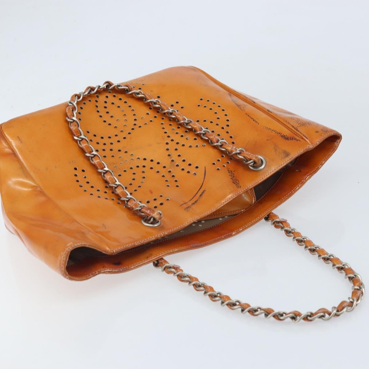 CHANEL Chain Tote Bag Patent leather Orange Silver CC Auth 169018