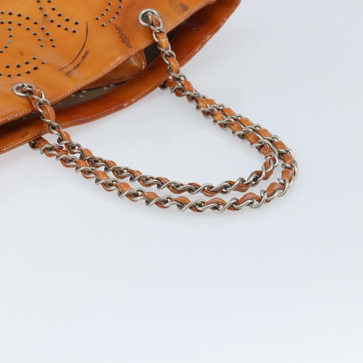 CHANEL Chain Tote Bag Patent leather Orange Silver CC Auth 169018