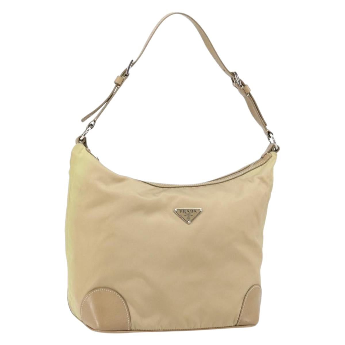 PRADA Shoulder Bag Nylon Beige Silver Auth 169023