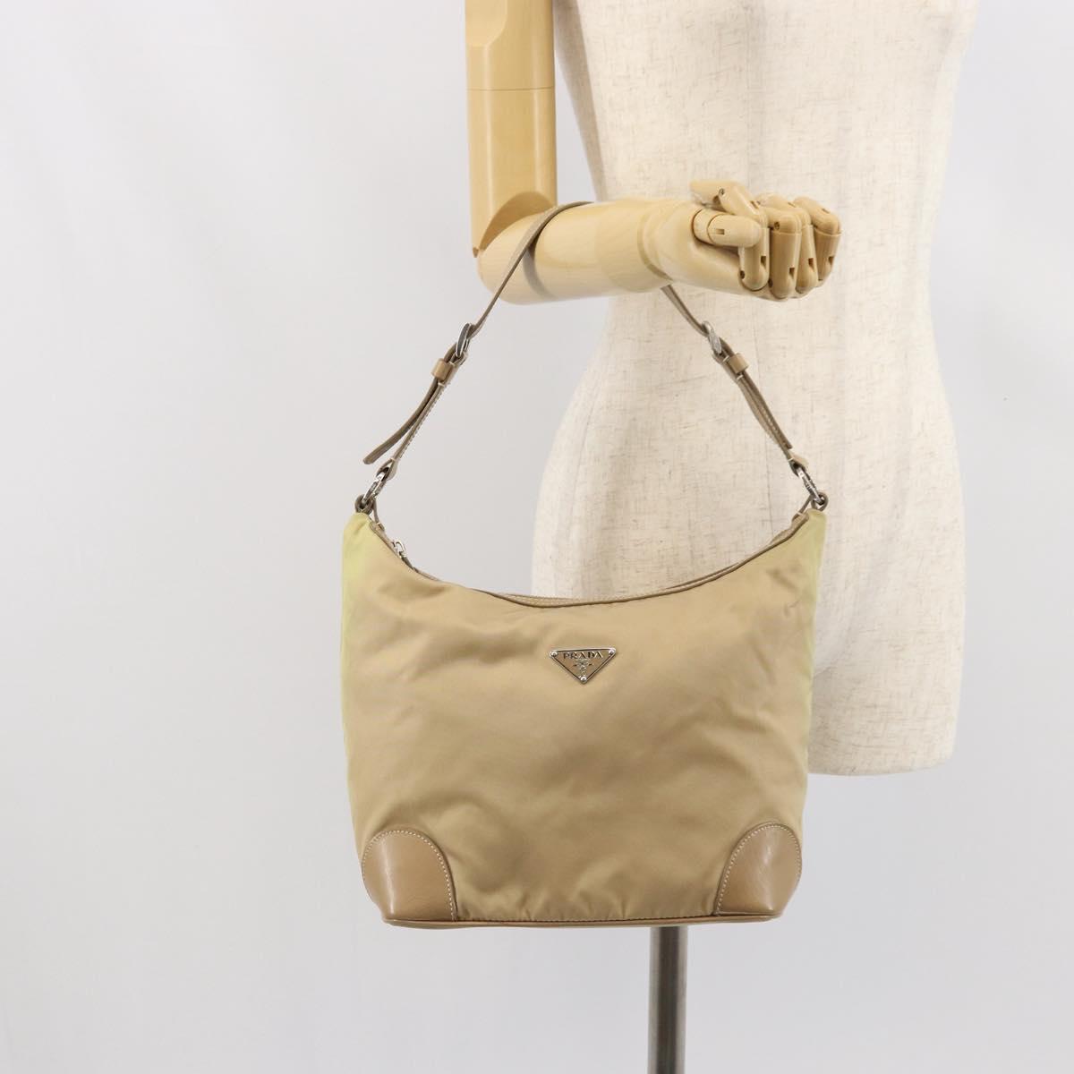 PRADA Shoulder Bag Nylon Beige Silver Auth 169023