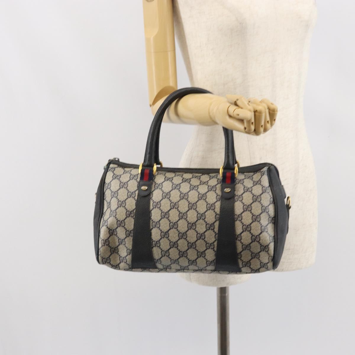 GUCCI GG Supreme Sherry Line Boston Bag PVC Navy Gold Auth 169024