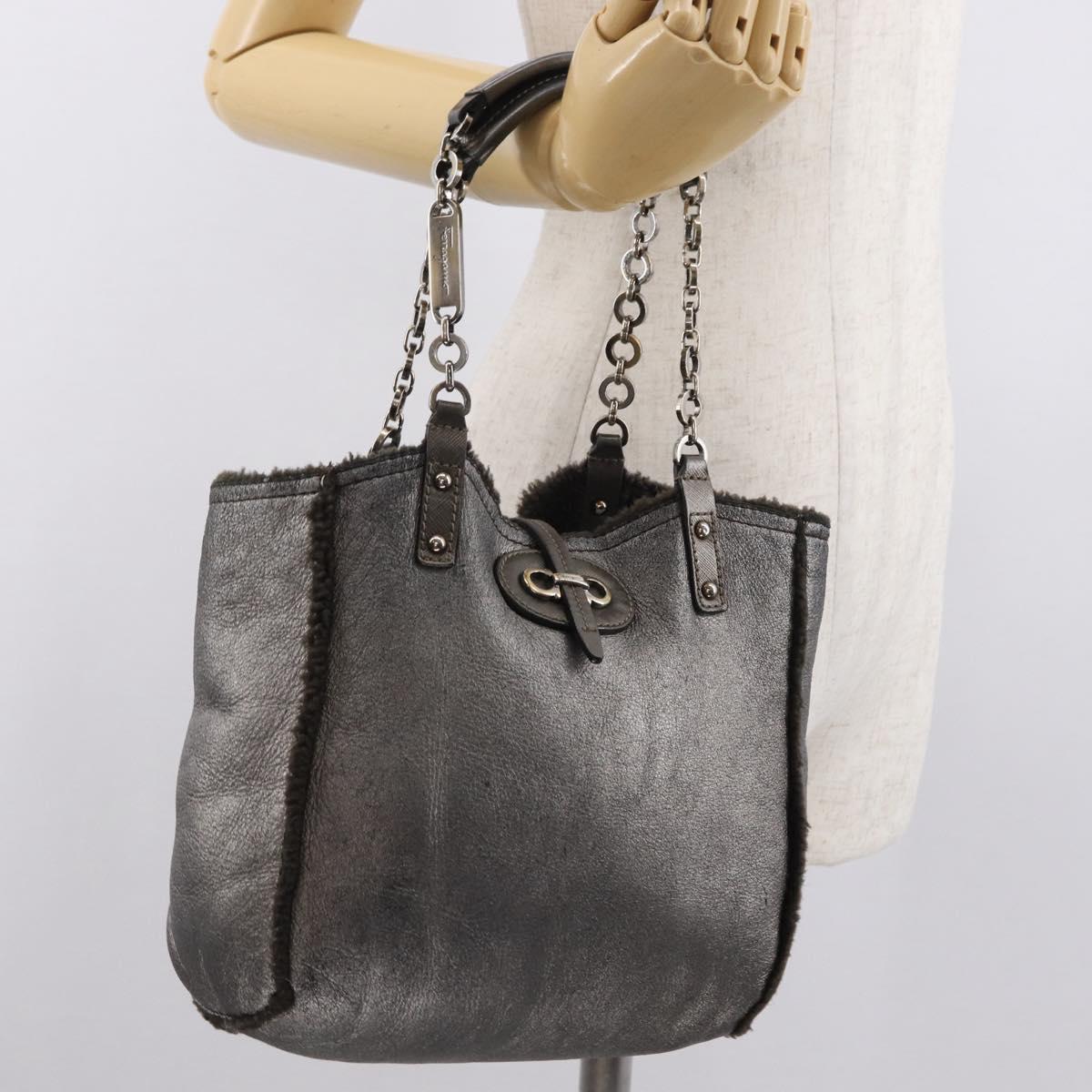 Salvatore Ferragamo Gancini Hand Bag Mouton Gray Auth 169029