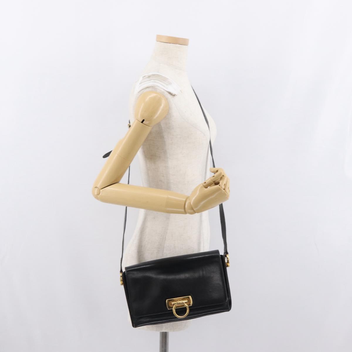 Salvatore Ferragamo Gancini Shoulder Bag Leather Gold Black Auth 169058