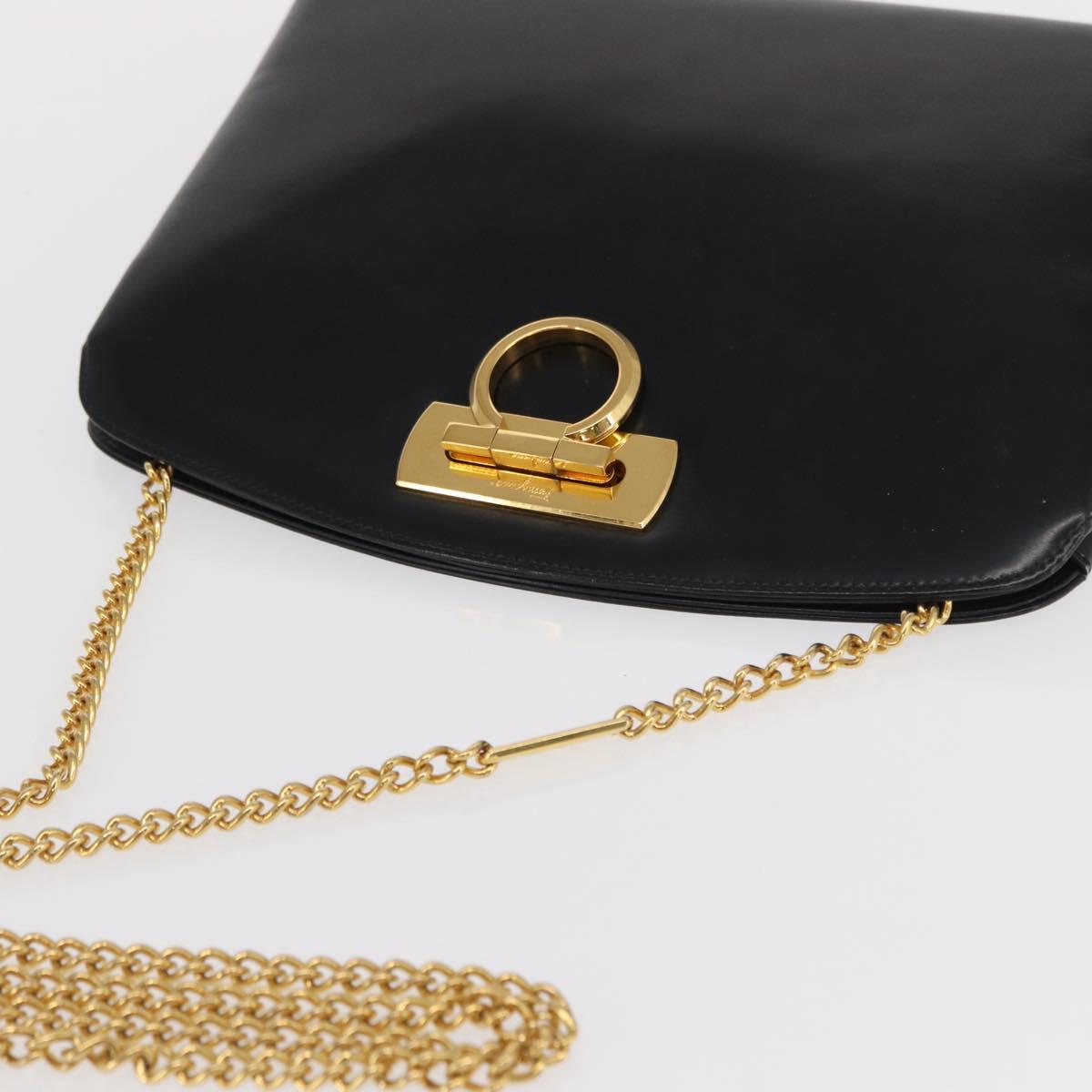 Salvatore Ferragamo Gancini Chain Shoulder Bag Leather Black Gold Auth 169084
