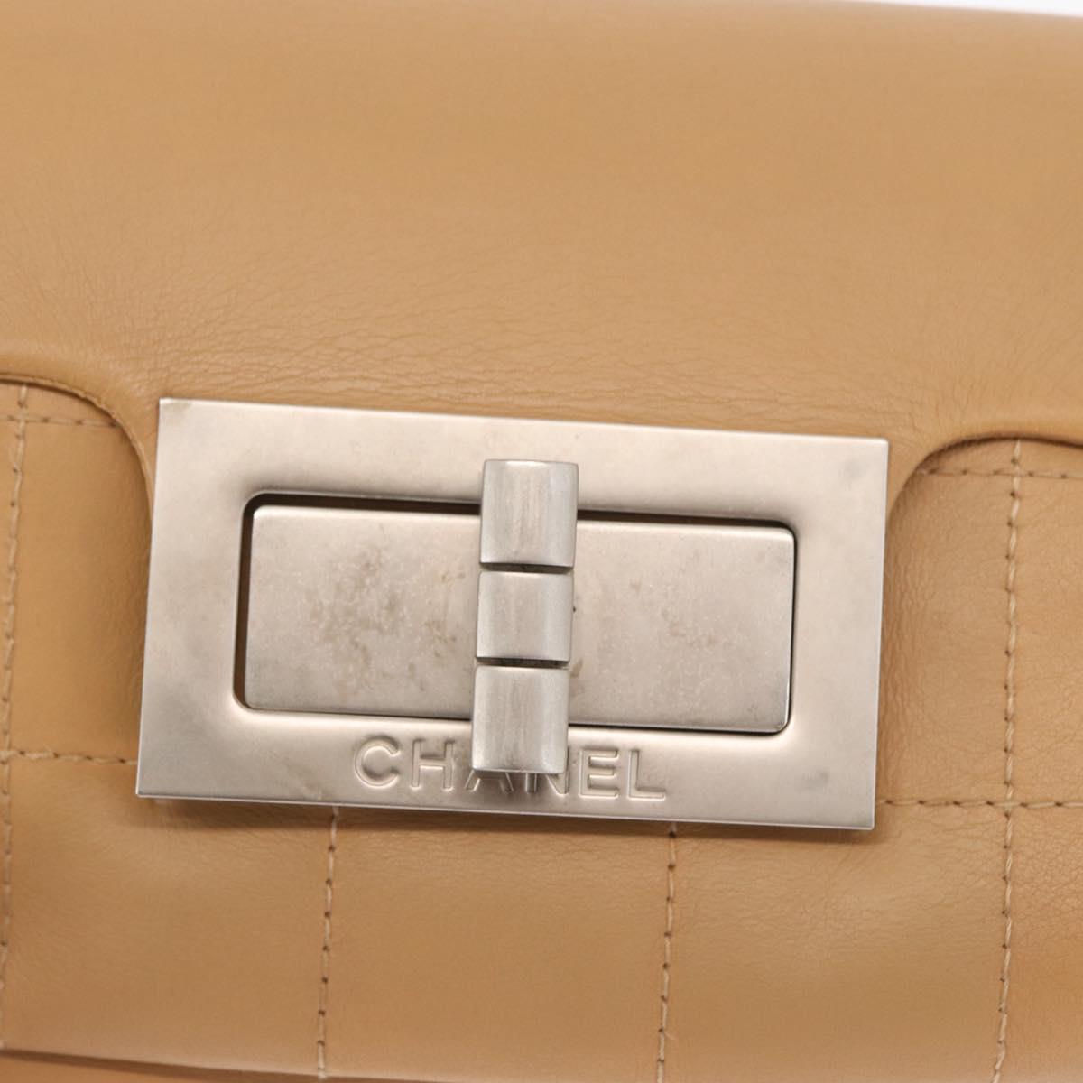 CHANEL Choco Bar 2.55 Shoulder Bag Leather Beige Silver CC Auth 169085