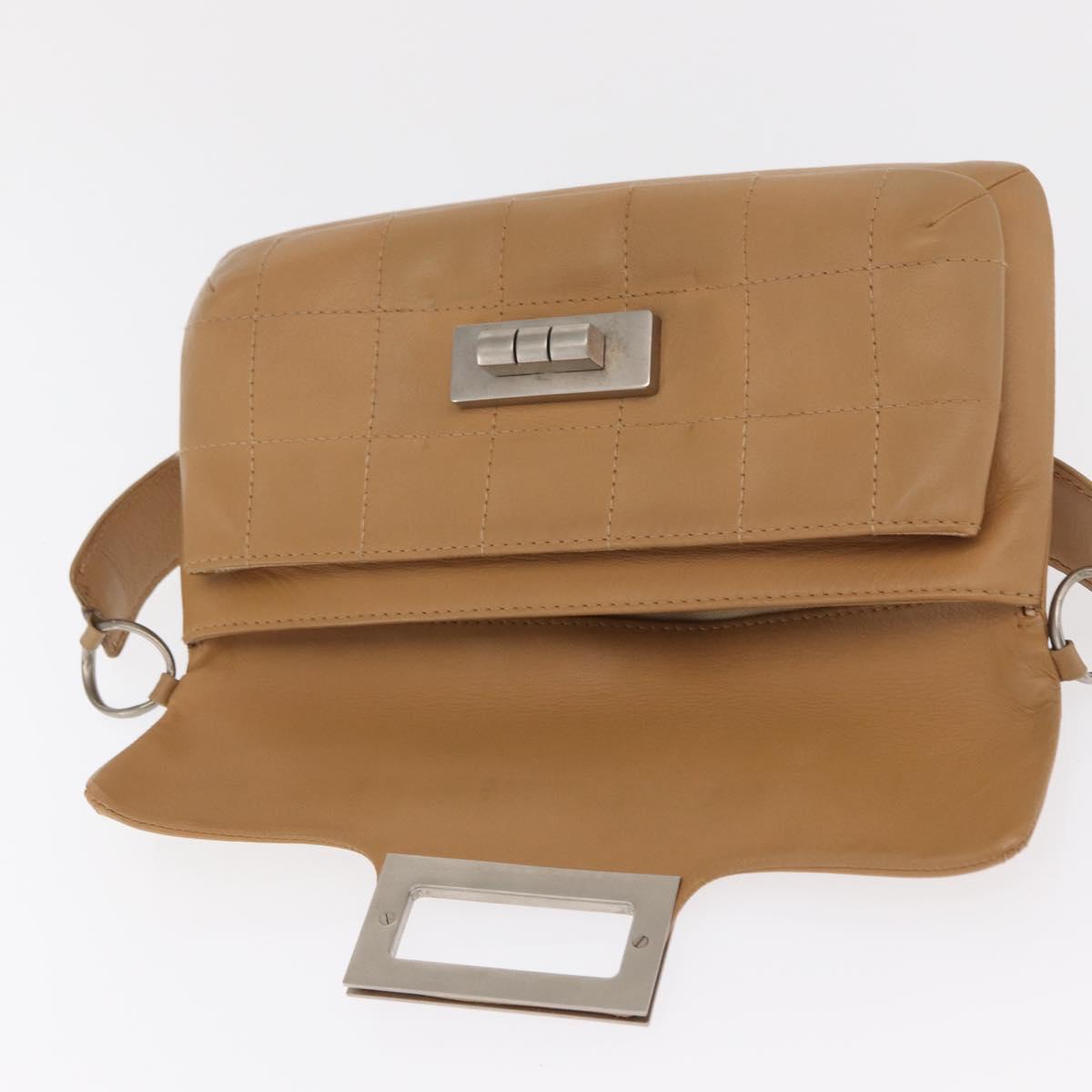 CHANEL Choco Bar 2.55 Shoulder Bag Leather Beige Silver CC Auth 169085