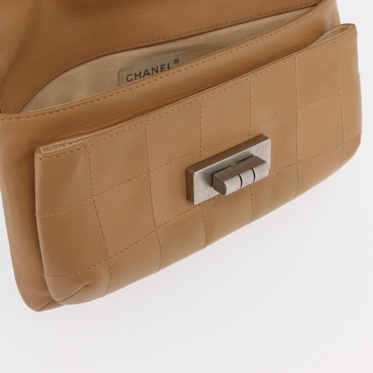 CHANEL Choco Bar 2.55 Shoulder Bag Leather Beige Silver CC Auth 169085