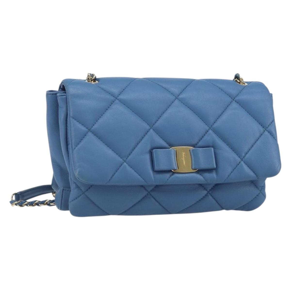 Salvatore Ferragamo Vala Shoulder Bag Leather Blue Gold Auth 169096V